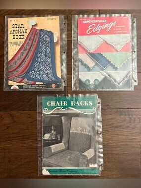 VINTAGE Lot of 3 Crochet Star Afghan, Chair Backs & Handkerchief Edging Books